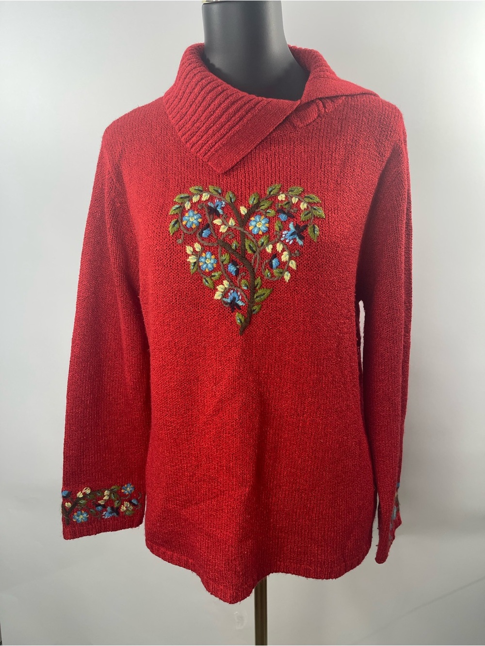 Vintage Coldwater Creek Red Embroidered Heart Pullover Cottagecore Large Sweater